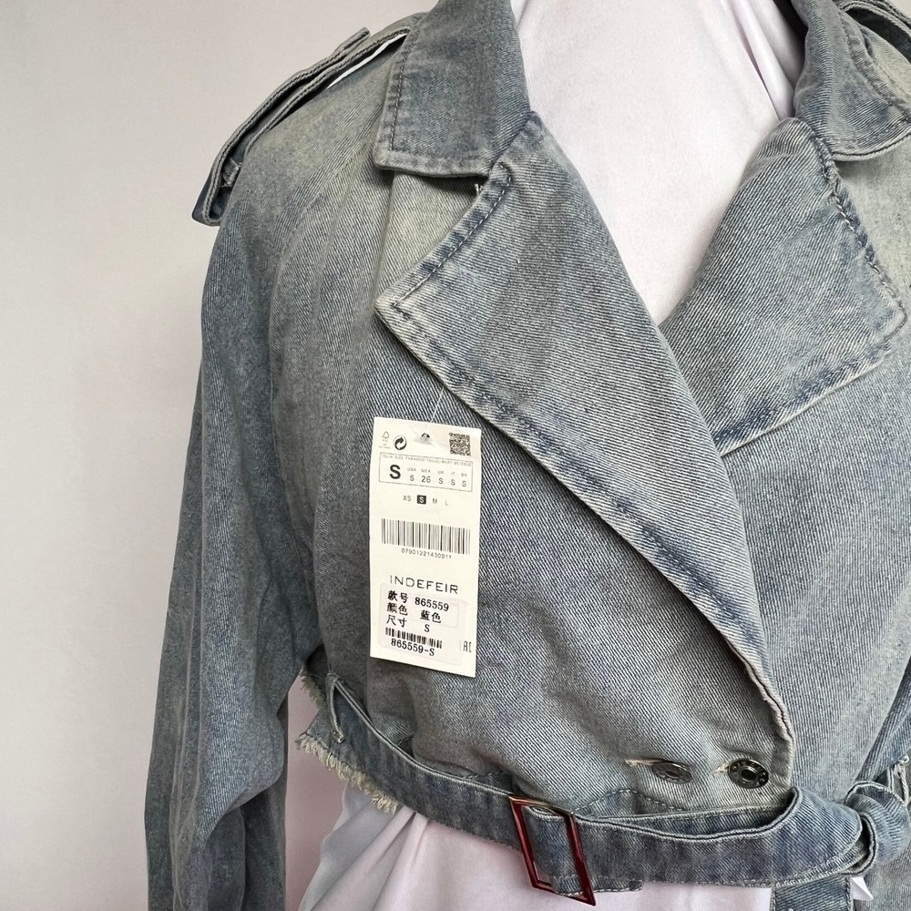 Indefeir Cropped Denim Moto Jacket Light Wash Belted Raw Hem Blue Womens Size S - Picture 2 of 10